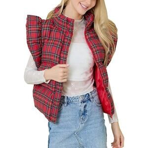 Plaid Puffer Vests Ruffle Sleeveless Lightweight Quilted Vest, Winter Padded, XL